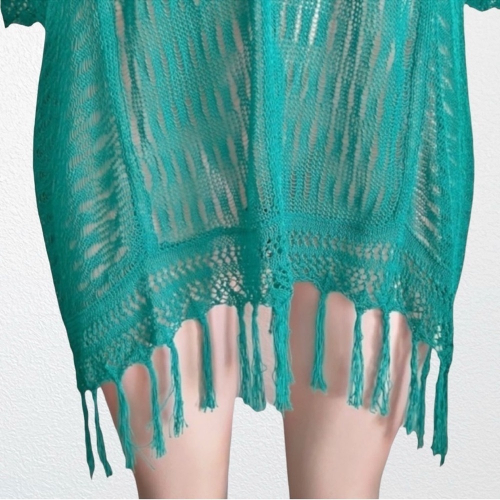 L*SPACE Vista Beach Crochet Sweater Fringe Coverup Teal SZ XS - Picture 4 of 9
